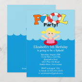 Summer POOL Party Birthday Invitation Blonde Girl Kaart (Voorkant / Achterkant)