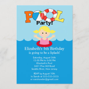 Summer POOL Party Birthday Invitation Blonde Girl Kaart