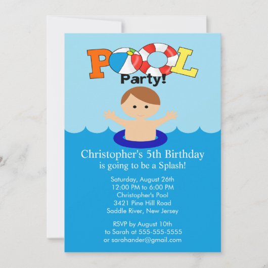 Summer POOL Party Birthday Invitation Boy Kaart (Voorkant)