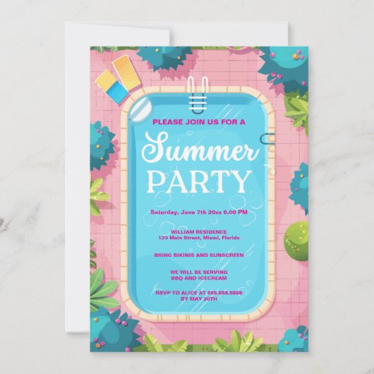Summer Pool Party Blue Pink Invitation (Devant)