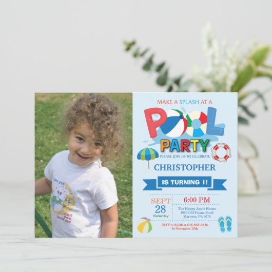 Summer Pool Party Invitation Splish Splash Boy Kaart (Staand voorkant)