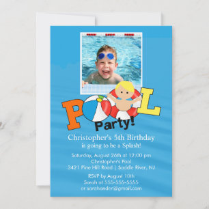 Summer POOL Party PHOTO Birthday Invitation boy Kaart