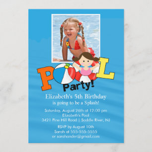Summer POOL Party PHOTO Birthday Invitation Girl Kaart