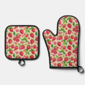 Summer Raspberry Garden Botanical Fruit Pattern Ovenwant & Pannenlap Set (Voorkant)