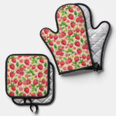 Summer Raspberry Garden Botanical Fruit Pattern Ovenwant & Pannenlap Set (Voorkant / Achterkant)