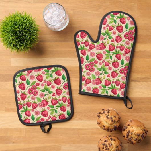 Summer Raspberry Garden Botanical Fruit Pattern Ovenwant & Pannenlap Set (Top down)