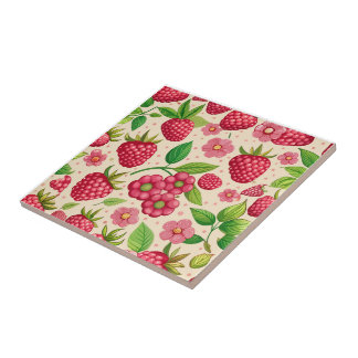 Summer Raspberry Garden Botanical Fruit Pattern Tegeltje