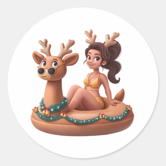 Summer Reindeer Holiday Fun Pool Party Design Ronde Sticker (Voorkant)