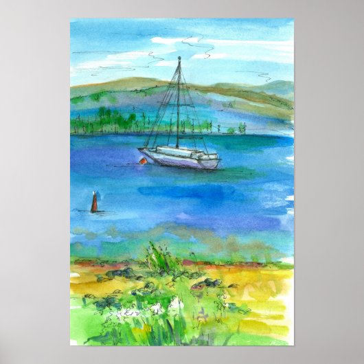 Summer Sailing Mountain Lake Waterverf Poster (Voorkant)