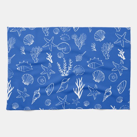 Summer Seashells Frame Beach Wedding Blue Theedoek (Horizontaal)