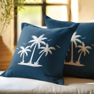 Summer Steel Blue White Palms-ontwerp Kussen