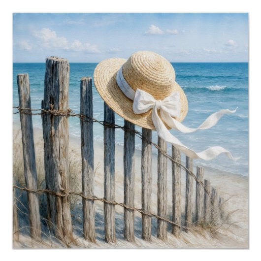 Summer Straw Hat On Beach Fence Perfect Poster (Voorkant)