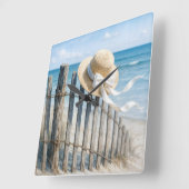 Summer Straw Hat On Beach Fence Vierkante Klok (Hoek)