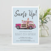 Summer Surven Party |  roze auto uitnodiging (Staand voorkant)