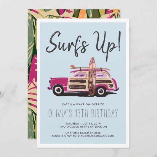 Summer Surven Party |  roze auto uitnodiging (Voorkant / Achterkant)
