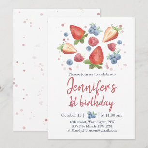 Summer Sweet Berry Strawberry 1st Birthday Invitat Kaart