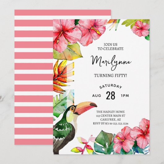 Summer Tropical 50th Birthday Invitation Kaart (Voorkant / Achterkant)
