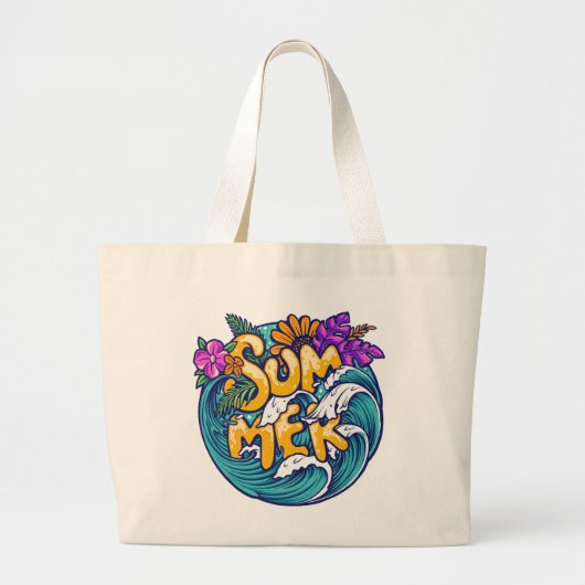 Summer Tropical Flowers Beach Ocean Waves Grote Tote Bag (Voorkant)