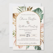 Summer Tropical Leaves Arch QR Code RSVP Weddensch Kaart (Voorkant)