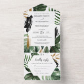Summer Tropical Leaves Wedding with RSVP All In One Uitnodiging (Binnen)