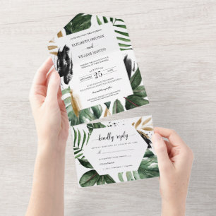 Summer Tropical Leaves Wedding with RSVP All In One Uitnodiging