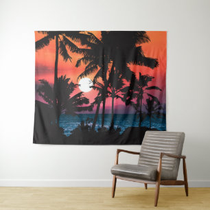 Summer Tropical Pink Oranje Palm Trees Sunset Wandkleed