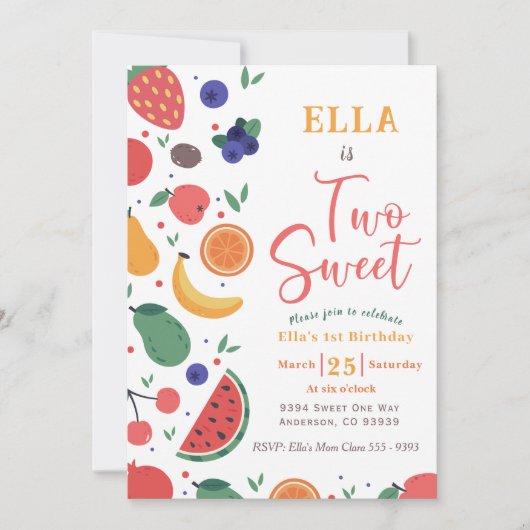 Summer Two Sweet Fruit 2nd Birthday Invitation (Devant)