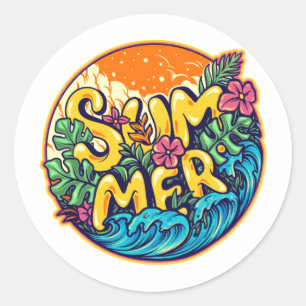 Summer Typographic Tropical Waves Ronde Sticker