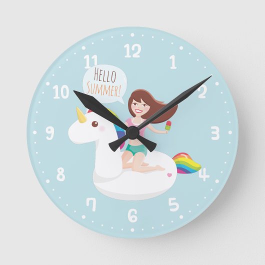 Summer Unicorn Pool Float Wall Room Decor Clock Ronde Klok (Voorkant)
