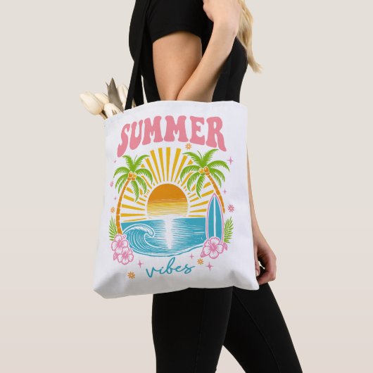 "Summer Vibes" Cheerful Boho Beach Palm Trees Draagtas (Dichtbij)
