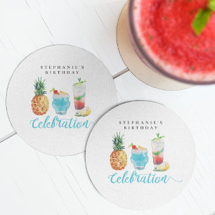 Summer Vibes Fruit Cocktail Party Blauw Sinaasappe Ronde Kartonnen Onderzetter