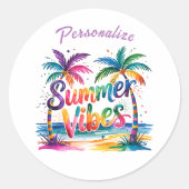Summer Vibes Kleurrijke Palmbomen Ocean Personaliz Ronde Sticker (Voorkant)
