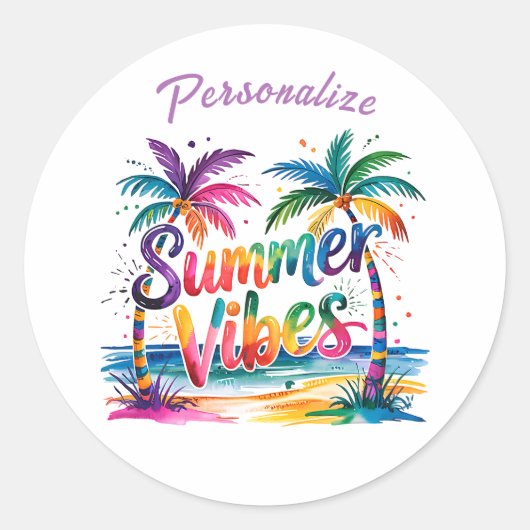 Summer Vibes Kleurrijke Palmbomen Ocean Personaliz Ronde Sticker (Voorkant)