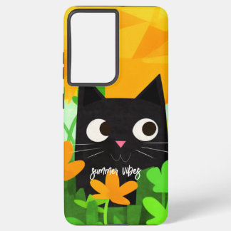 Summer Vibes Personalized Floral Black Cat Samsung Galaxy Hoesje