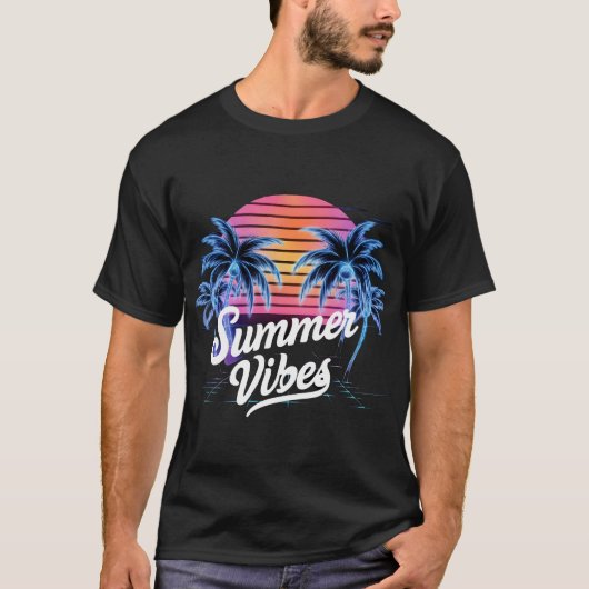 Summer Vibes Synthwave T-shirt – Neon Palm Tree (Voorkant)