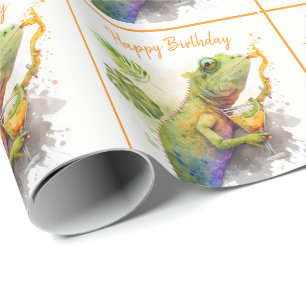 Summer Vibes Waterverf Kameleon - Happy Birthday Cadeaupapier