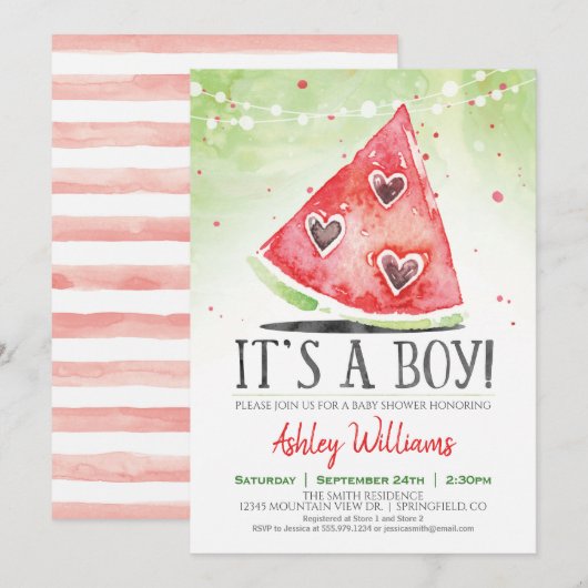 Summer Watermelon Boy Baby shower Invitation Kaart (Voorkant / Achterkant)