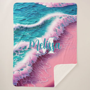 Summer Waves in Pink II Monogram Sherpa Deken
