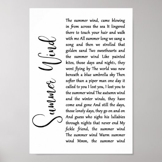 Summer Wind White Script Song Lyric Wall Art Print (Voorkant)