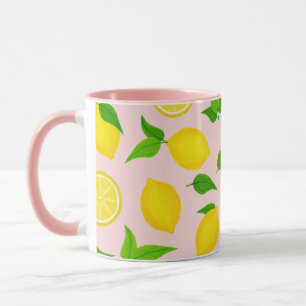 Summer Yellow Lemons Green Leaves op Soft Pink Mok