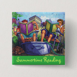 Summertime leeskunst vierkante button 5,1 cm