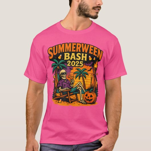 SummerWeen Bash 2025 Skeleton Beach Party Hallowee T-shirt (Voorkant)