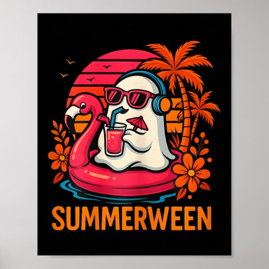 Summerween Funny Ghost Halloween Summer Flamingo B Poster (Voorkant)