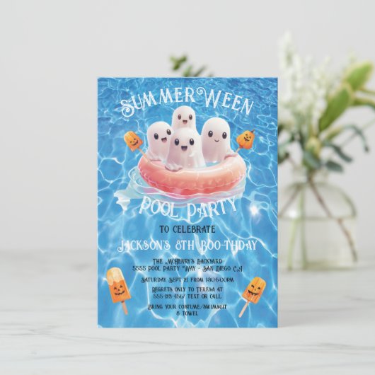 SummerWeen Halloween Zwembad Verjaardagsfeest Ghos Kaart (Staand voorkant)