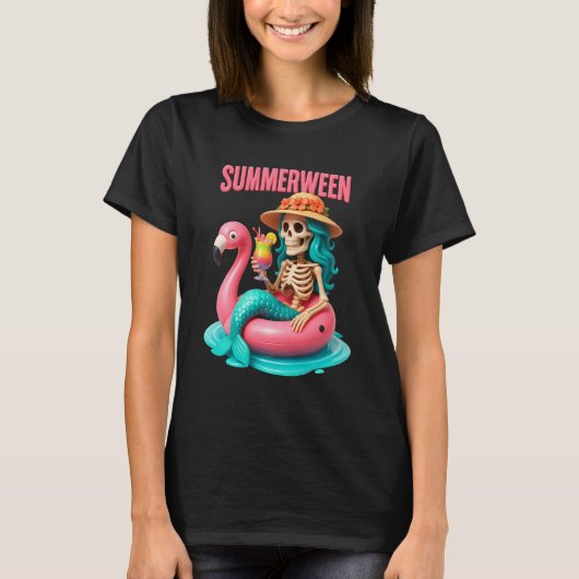 Summerween Mermaid Skeleton Beach Flamingo Hallowe T-shirt (Voorkant)