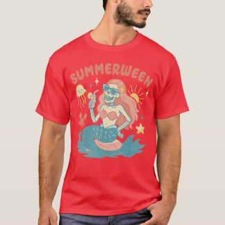 Summerween Skelet Zeemeermin Strand Flamingo Hallo T-shirt
