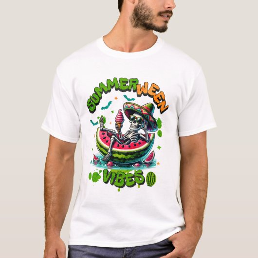 Summerween Skeleton on Watermelon Boat Ice Cream T-shirt (Voorkant)