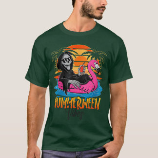 Summerween Vibes Skeleton Flamingo Spooky Hallowee T-shirt