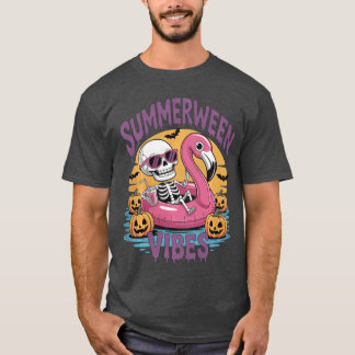 Summerween Vibes Skeleton Flamingo Spooky Hallowee T-shirt