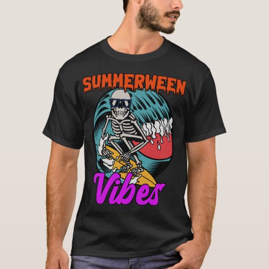 Summerween Vibes Skeleton Spooky Surfing T-Shirt (Devant)